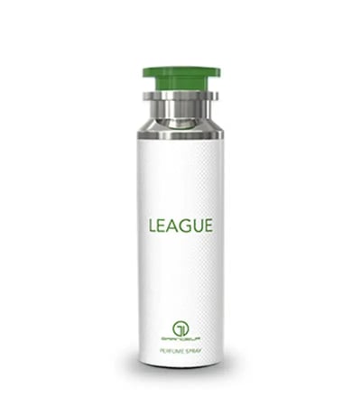 Grandeur League Deodorant Body Spray 200mL Grandeur Man — A white cylindrical spray bottle with a textured surface, a silver neck, and a green cap, featuring the word 'LEAGUE' in green text and a circular logo at the bottom. | Grandeur League Deodorant Body Spray 200mL Grandeur Man — Botol semburan silinder putih