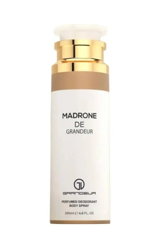 Grandeur Madrone 200ml For Her deodorant — A white spray bottle with a gold cap and a tan band, featuring black text. | Grandeur Madrone 200ml For Her deodorant — Botol semburan putih dengan penutup emas dan jalur coklat, menampilkan teks hitam.
