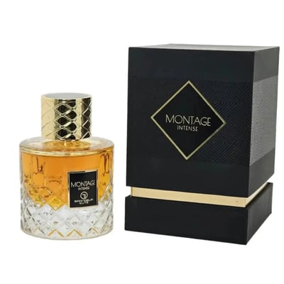 Grandeur Montage by Grandeur Intense 100ml EDP — Amber liquid in a clear, diamond-patterned glass bottle with a gold textured cap, next to its black and gold presentation box.