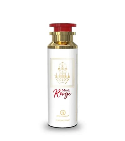 Grandeur Musk Rouge Deodorant Body Spray 200ml Grandeur unisex — White spray bottle with gold accents and a red cap, featuring a decorative gold chandelier graphic and red text. | Grandeur Musk Rouge Deodorant Body Spray 200ml Grandeur unisex — Botol semburan putih dengan aksen emas dan penutup merah, menampilkan