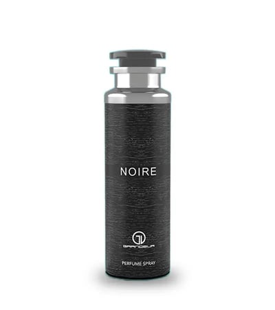 Grandeur Noire Deodorant Body Spray 200mL Grandeur Man lather — A black textured spray bottle with a silver cap and collar, featuring the text "NOIRE" and the Grandeur logo. | Grandeur Noire Deodorant Body Spray 200mL Grandeur Man lather — Botol semburan bertekstur hitam dengan penutup dan kolar perak, memaparkan teks