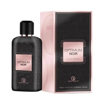 Grandeur Optimum Noir Eau de Parfum — Black textured bottle with a pink label and black cap, next to its pink and black box packaging.