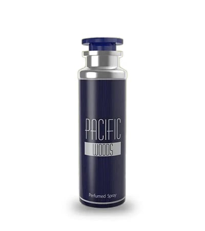 Grandeur Pacific Wood Deodorant Body Spray 200mL Grandeur Man lather — A dark blue spray bottle with a silver neck and a blue cap, featuring white text that reads 'PACIFIC WOODS' and 'Perfumed Spray' at the bottom. | Grandeur Pacific Wood Deodorant Body Spray 200mL Grandeur Man lather — Botol semburan biru gelap
