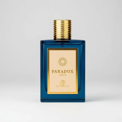 Grandeur Paradox Gold by Grandeur Elite 100 ml Man — A rectangular blue glass perfume bottle with a gold ribbed cap and a gold label featuring a circular emblem and the text 'PARADOX GOLD'.