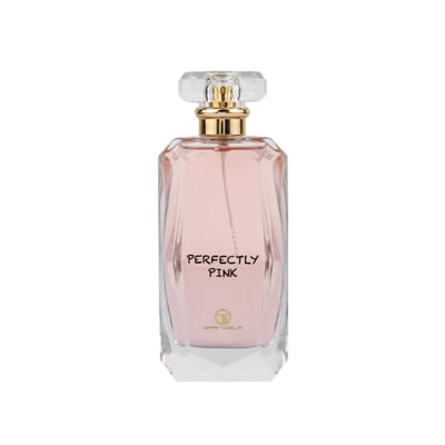 Grandeur Perfectly Pink by Grandeur Woman 100ml — Pink perfume bottle with a faceted glass design, gold accents, and a clear faceted cap, set against a white background.