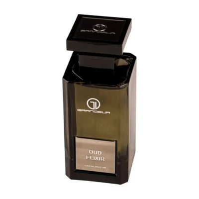 Grandeur Oud Elixir by Grandeur Elite – Black glass perfume bottle with open cap, silver label showing 'OUD ELIXIR EAU DE PARFUM'.