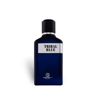 Grandeur Tribal Blue Man by Grandeur 100ml EDP Men — A dark blue rectangular perfume bottle with a silver label reading "TRIBAL BLUE" and a black textured cap. The Grandeur Elite logo is visible at the bottom.