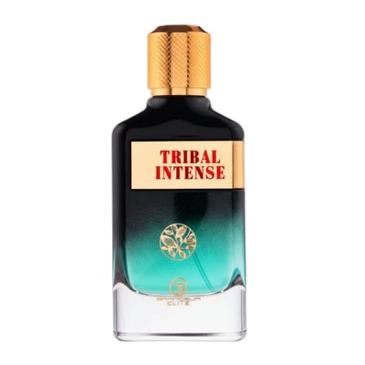 Grandeur Tribal Intense by Grandeur 100ml EDP Men — A black and teal gradient perfume bottle with a gold cap and a gold emblem on the front.