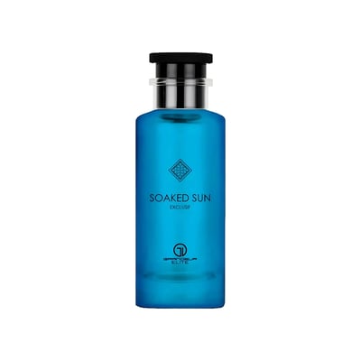 Grandeur Soaked Sun Exclusif by Grandeur Elite EDP 100 ml — Blue glass perfume bottle with a black cap and silver accents, featuring the 'Soaked Sun Exclusif' label and a geometric logo.