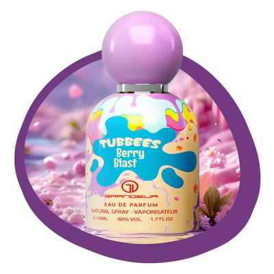 Grandeur Berry Blast by Grandeur Tubbees 50ml Woman — A playful perfume bottle with a purple spherical cap, featuring a colorful abstract design and the text 'TUBBEES Berry Blast' on a soft pink, floral background.
