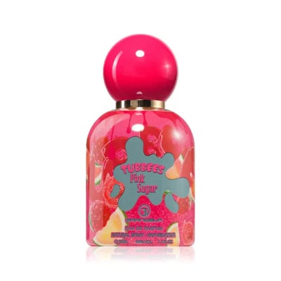 Grandeur Pink Sugar by Tubbees – Pink perfume bottle with a round pink cap, decorated with images of candies and fruits, on a white background.
