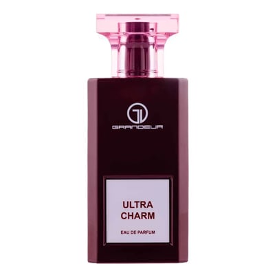 Grandeur Ultra Charm Eau de Parfum — A rectangular, deep red perfume bottle with a translucent pink cap. The bottle features a white label with 'ULTRA CHARM' and 'EAU DE PARFUM' text, and the Grandeur logo.