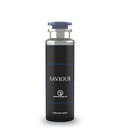 Grandeur Saviour Wood Deodorant Body Spray 200mL Grandeur Man — A black spray bottle with a silver neck and blue cap, featuring the text "SAVIOUR" and a logo. | Grandeur Saviour Wood Deodorant Body Spray 200mL Grandeur Man — Botol semburan hitam dengan leher perak dan penutup biru, memaparkan teks "SAVIOUR" dan logo.