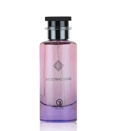 Grandeur Shooting Stars City by Grandeur Elite 100ml EDP — A gradient glass perfume bottle with pink and purple hues, featuring a black cap and a diamond-shaped emblem with the text "SHOOTING STARS" and "GRANDEUR ELITE" below.