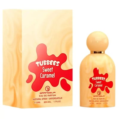 Grandeur Sweet Caramel 50ml EDP Perfume Woman Candy Creamy Grandeur Tubbees For Her - Sweet Caramel perfume bottle and box with caramel swirl design and red splash graphic