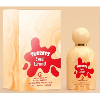 Grandeur Sweet Caramel 50ml EDP Perfume Woman Candy Creamy Grandeur Tubbees For Her - Sweet Caramel perfume bottle and box with red splash design.