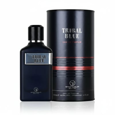 Grandeur Tribal Blue Man by Grandeur 100ml EDP Men — A dark blue perfume bottle with a silver label reading 'TRIBAL BLUE' stands next to its matching cylindrical dark blue box with red stripes and 'TRIBAL BLUE EAU DE PARFUM' text.