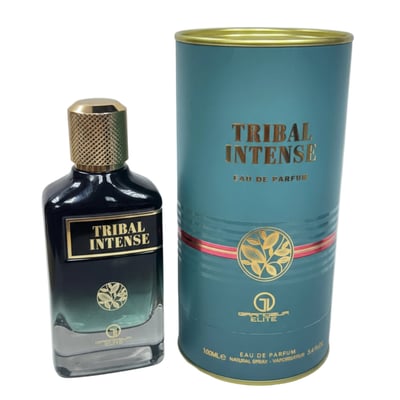 Grandeur Tribal Intense by Grandeur 100ml EDP Men — Black glass perfume bottle with gold cap next to teal cylindrical box with gold accents