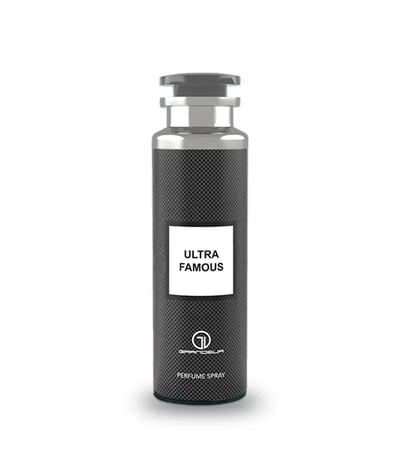 Grandeur Ultra Famous Deodorant Body Spray 200mL Grandeur Man — A tall, cylindrical, dark grey spray bottle with a textured pattern and a silver cap, featuring a white label with black text reading 'ULTRA FAMOUS'. | Grandeur Ultra Famous Deodorant Body Spray 200mL Grandeur Man — Botol semburan kelabu gelap, silinder