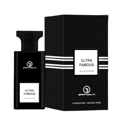 Grandeur Ultra Famous by Grandeur Elite – Black perfume bottle and matching box with white label, featuring the Grandeur logo and text 'ULTRA FAMOUS EAU DE PARFUM'.