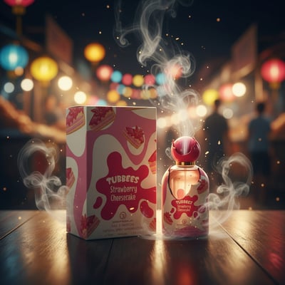 Grandeur Unicorn Vanilla – A bottle of pink perfume with a red cap, next to its pink and white patterned box, both decorated with strawberry cheesecake slices, emitting smoke, on a wooden table with a blurred night market background.