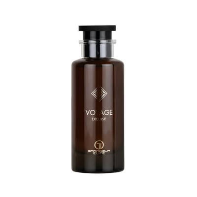 Grandeur Voyage Exclusif by Grandeur Elite – Amber glass bottle with black cap and silver accents, featuring a geometric logo and text.