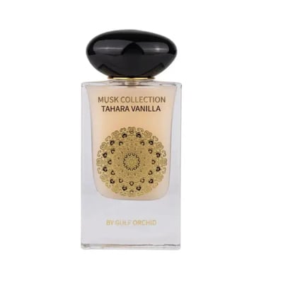Gulf Orchid Musk Tahara Vanilla 60ml Gulf Orchid Woman — Clear glass perfume bottle with a black, rounded cap and a gold mandala design on the front label.