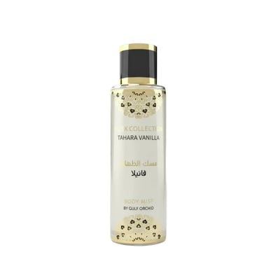 Gulf Orchid Tahara Vanilla Body Mist — Clear glass bottle with gold and black cap, featuring ornate gold floral patterns on the bottle and text 'MUSK COLLECTION TAHARA VANILLA' and 'BODY MIST BY GULF ORCHID'