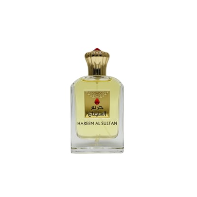 Khadlaj Hareem Al Sultan Gold 75ml Khadlaj — Clear glass perfume bottle with gold cap and red gem accent, featuring a gold label with Arabic and English text.