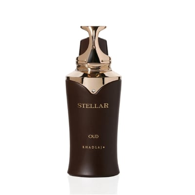 Khadlaj Stellar Oud by Khadlaj 100ml EDP Man — A dark brown, sleek perfume bottle with a gold cap and accents, featuring gold text 'STELLAR', 'OUD', and 'KHADLAJ' on the front.