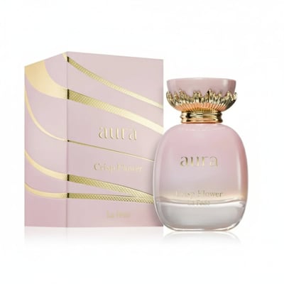 Khadlaj La Fede Elegant Crisp Flower 100ml EDP — Pink perfume bottle with gold ornate cap next to its matching pink and gold striped box.