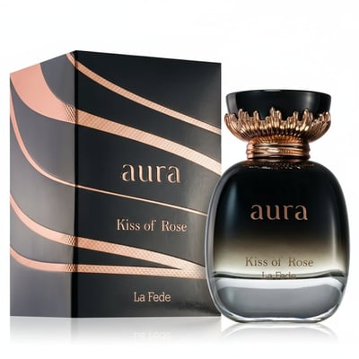 Khadlaj La Fede Elegant Kiss of Rose 100ml EDP — Black perfume bottle with gold ornate cap and matching box with rose gold wave pattern