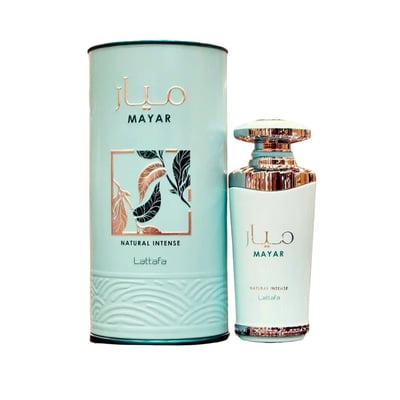 Lattafa Mayar Natural Intense — A light blue cylindrical box and a matching perfume bottle with gold accents and a gold cap, set against a white background.