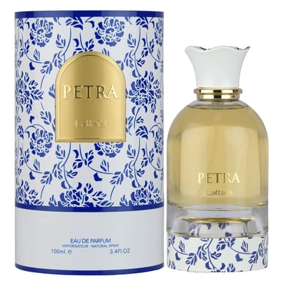 Lattafa Lattafa Petra Eau De Parfum 100 ml Unisex — Cylindrical box with blue floral pattern and gold label, next to a clear glass perfume bottle with gold accents and a white floral-shaped cap.