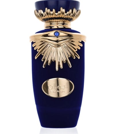 Lattafa Emaan by Lattafa 100ml EDP Perfume Unisex — A luxurious royal blue velvet perfume bottle with gold accents and a