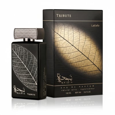 Lattafa Najdia Tribute by Lattafa 100ml EDP — Black perfume bottle with silver leaf design and ornate cap next to its black and gold leaf patterned box.