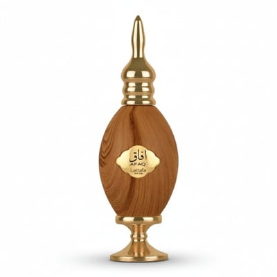 Lattafa Afaq Gold by Lattafa EDP 100 ml Unisex — A wooden oval perfume bottle with a gold cap and base, featuring a gold