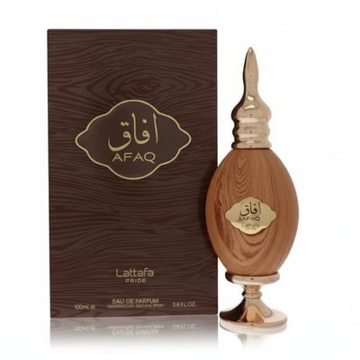 Lattafa Afaq Gold by Lattafa EDP 100 ml Unisex — Wooden oval perfume bottle with gold cap and stand, next to brown
