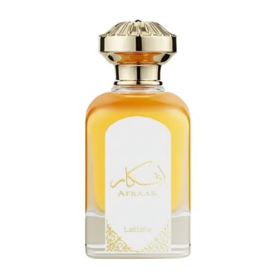 Lattafa Afkaar by Lattafa EDP 100ml Unisex — Amber liquid in clear glass bottle with ornate gold cap and white label with