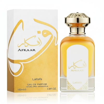 Lattafa Afkaar EDP 100ml Unisex — White box with gold Arabic calligraphy and bottle with gold cap and amber liquid