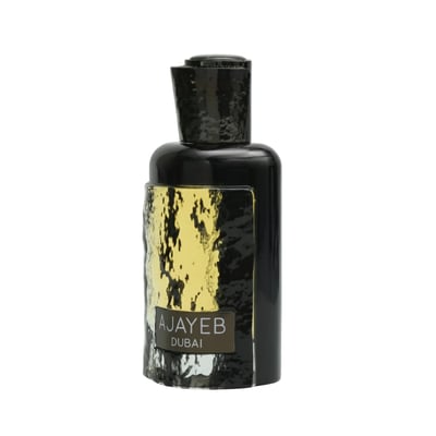 Lattafa Ajayeb Dubai by Lattafa EDP 100ml — Black perfume bottle with a textured gold and black label, featuring the text 'AJAYEB DUBAI'.