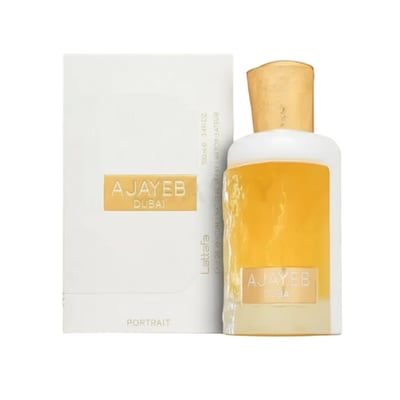 Lattafa Ajayeb Dubai Portrait by Lattafa EDP 100ml — White perfume box and gold-capped bottle with yellow liquid, isolated on white.