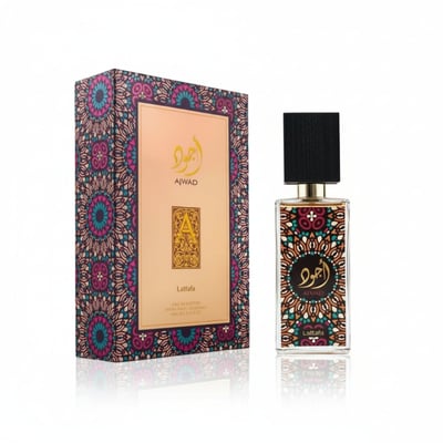 Lattafa Ajwad by Lattafa EDP 60ml Unisex — Perfume bottle and box with intricate geometric patterns in pink, teal, and gold.