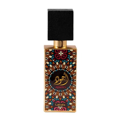 Lattafa Ajwad — Rectangular gold perfume bottle with ornate colorful geometric pattern and black cap