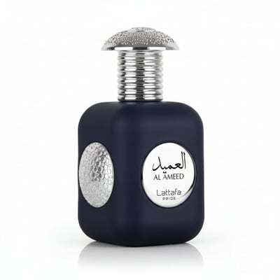Lattafa Al Ameed EDP 100ml For Him — A dark blue square perfume bottle with a silver textured cap and circular silver