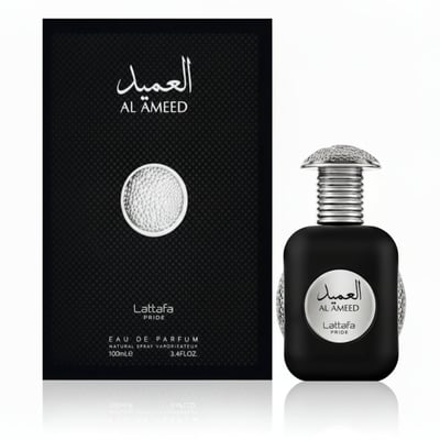 Lattafa Al Ameed EDP 100ml For Him — Black perfume box with textured circle and matching black bottle with silver cap and