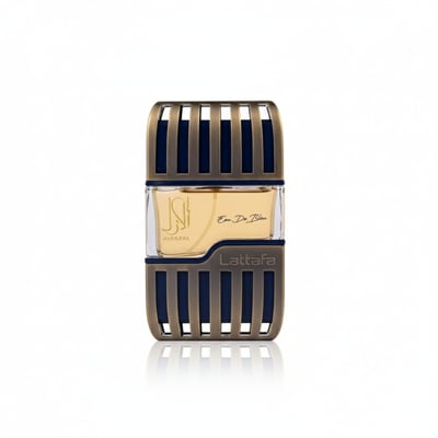Lattafa Al Azal by Lattafa EDP 100ml For Him — Clear glass bottle with gold liquid, encased in a dark metal cage with blue