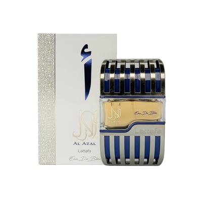 Lattafa Al Azal by Lattafa EDP 100ml For Him — White box with blue Arabic calligraphy and silver pattern next to a clear
