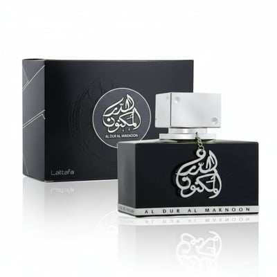 Lattafa Al Dur Al Maknoon Silver 100ml EDP Men — Black perfume box and bottle with Arabic calligraphy and silver accents on