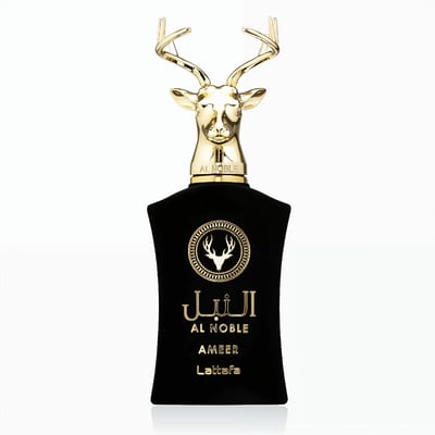 Lattafa Al Noble Ameer — Black perfume bottle with gold deer head cap and gold emblem